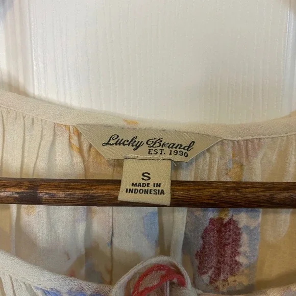 Lucky Brand Womens Small Blouse Floral Peasant Long Sleeve Tie Neck Cream Boho - Picture 2 of 4